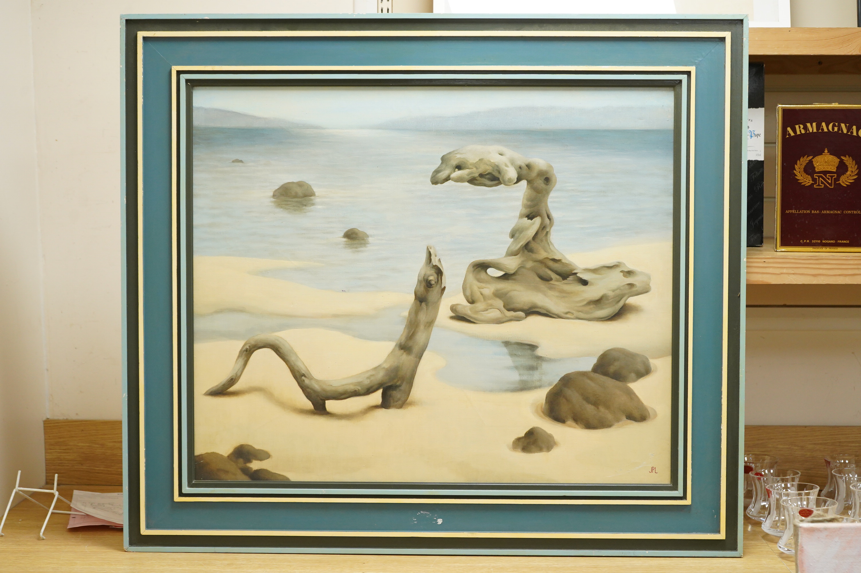 JPL monogrammist, study of driftwood on a beach, monogrammed, contemporary oil on canvas, 61 x 74cm